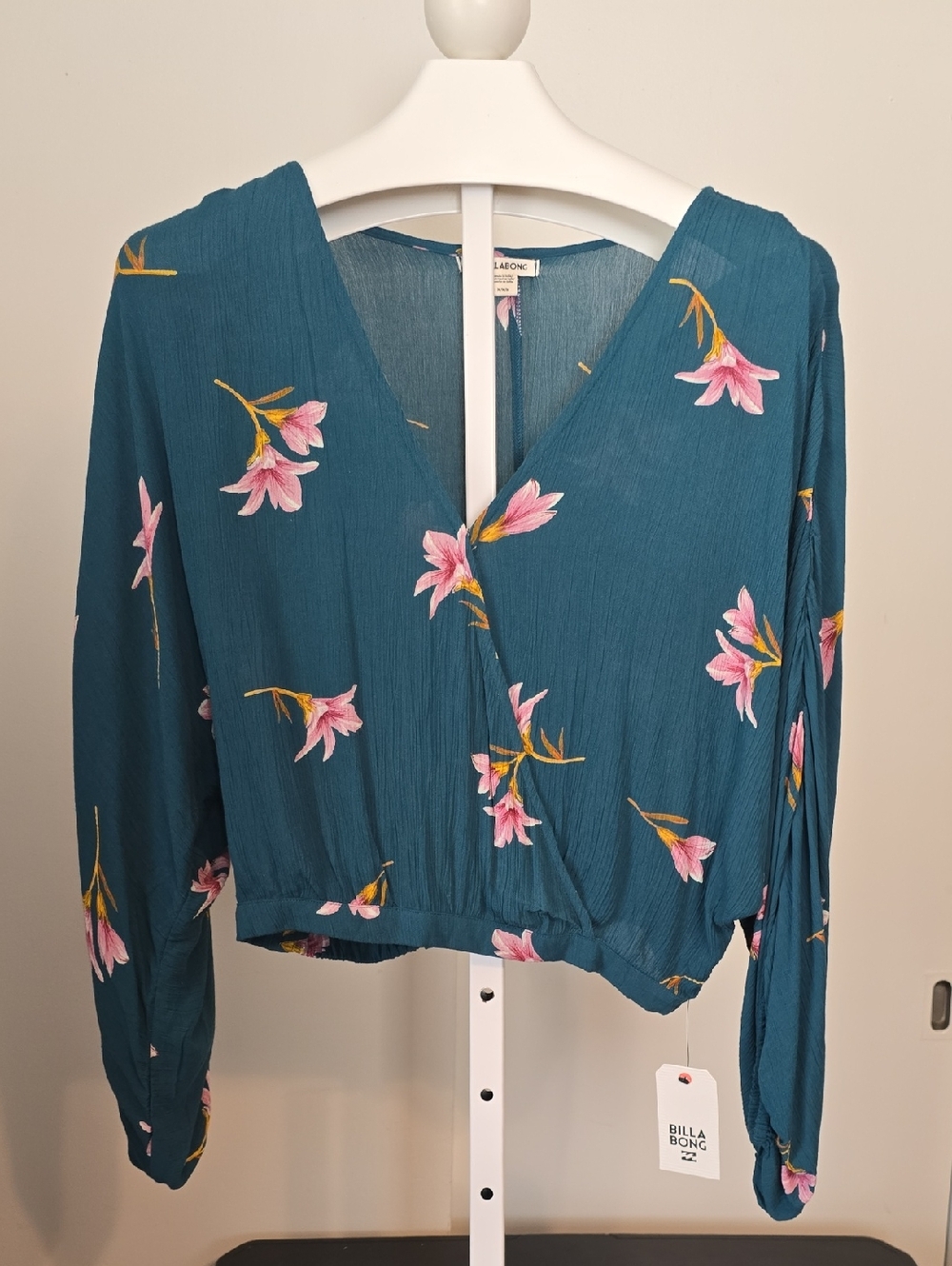 Billabong Teal Floral Wrap-Style Blouse